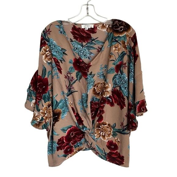 Umgee Womens V-Neck Twist Front Floral Flutter Sleeve Blouse Brown Top Size XL - Picture 1 of 11